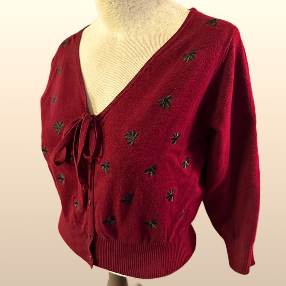 NWT Unique Vintage Burgundy Bow Cropped Sweater Cardigan XL 14